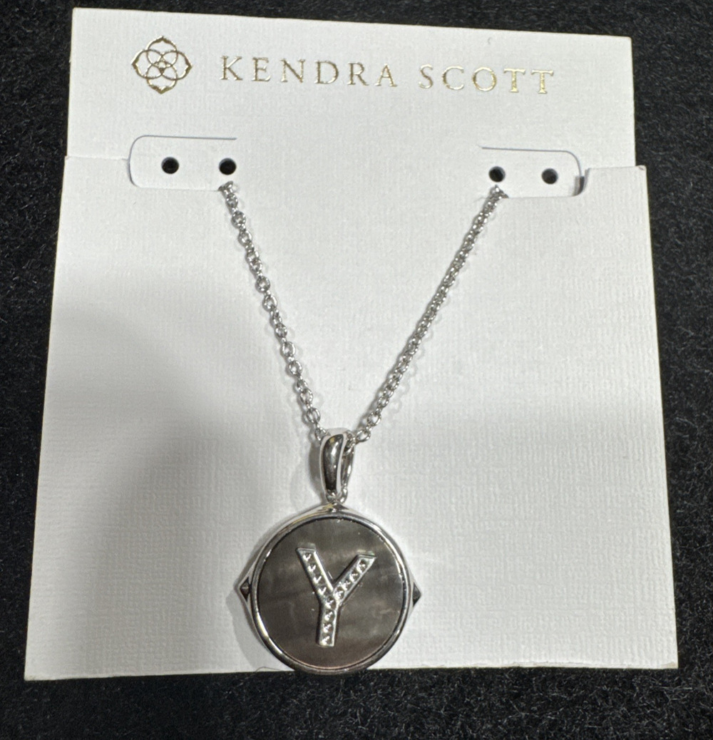 Kendra Scott Letter Y Disc Pendant Necklace Rhodium Black Mother-Of-Pearl Silver